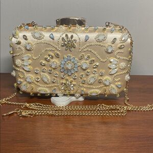 Gold Embellished Beaded Floral Clutch Bag with 2 Straps